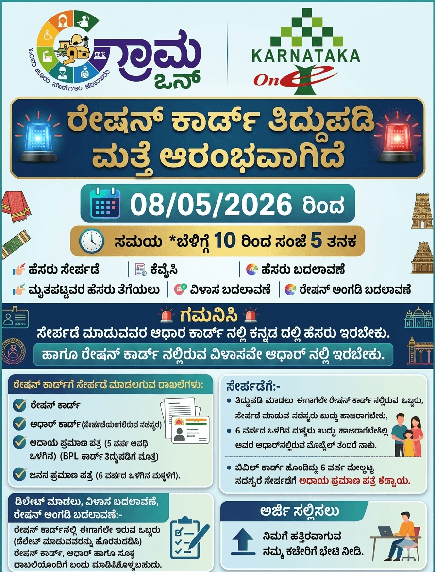 Ration Card ತಿದ್ದುಪಡಿ 2026: ಮೇ 8 ರಿಂದ ಮತ್ತೆ ಆರಂಭ, ಇಲ್ಲಿದೆ ಕಂಪ್ಲೀಟ್ ಗೈಡ್ Ration Card ತಿದ್ದುಪಡಿ 2026 ಕರ್ನಾಟಕ, ಬೇಕಾಗುವ ದಾಖಲೆಗಳ ಲಿಸ್ಟ್, ಗ್ರಾಮ ಒನ್ ನೋಟಿಸ್