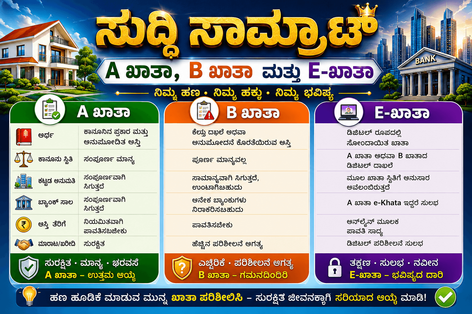 A ಖಾತಾ, B ಖಾತಾ, E-ಖಾತಾ: ಏನಿದು? ನಿಮ್ಮ ಮನೆ ಯಾವ ಖಾತಾ? ಸಂಪೂರ್ಣ ಮಾಹಿತಿ ಇಲ್ಲಿದೆ A ಖಾತಾ B ಖಾತಾ E ಖಾತಾ ವ್ಯತ್ಯಾಸ ಕೋಷ್ಟಕ
