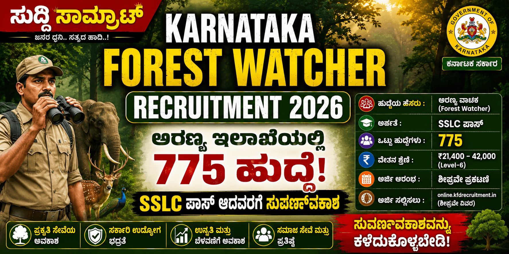 Karnataka Forest Watcher Recruitment 2026 Notification - 775 Forest Watcher Posts in Karnataka Forest Department, SSLC Pass Qualification, Application Fee 50 to 200 Rupees, Application Dates August 1 to August 31 2026, 1 to 20 Ratio Selection Process, Physical Test High Fail Rate, Circle wise Cutoff